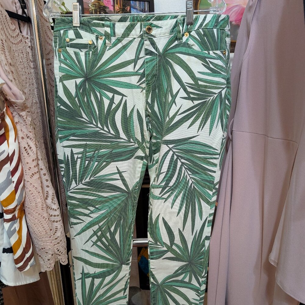 Michael Kors Palm Leaf Print Skinny Jeans Tropical Green/White Size 10